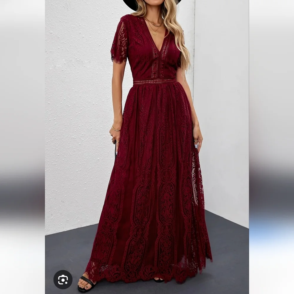 Burgundy Deep V Neck Short Sleeve Lace Maxi Holiday Dress Sz XL - Picture 1 of 7